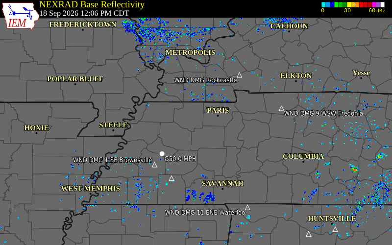 Current NEXRAD radar over Gibson County, Tennessee with recent storm report locations