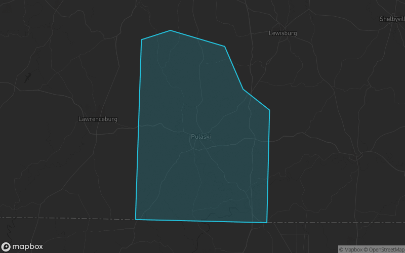 Map of Giles County, Tennessee showing the county boundary and surrounding cities