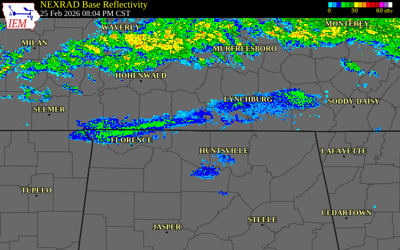 NEXRAD radar during the Wednesday, February 25, 2026 storm activity in Giles County, Tennessee