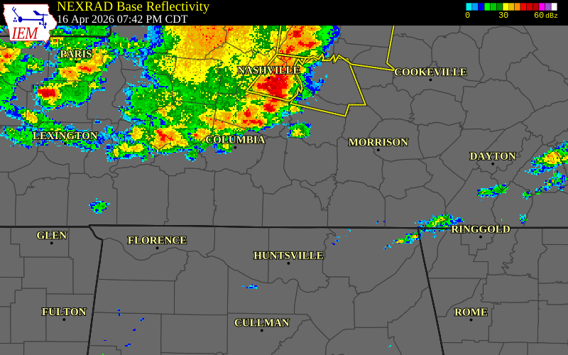 NEXRAD radar during the Thursday, April 16, 2026 storm activity in Giles County, Tennessee
