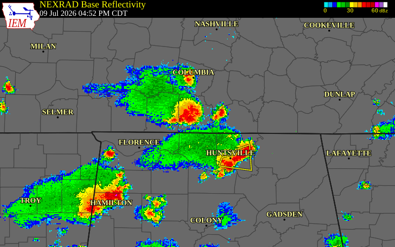 NEXRAD radar during the Thursday, July 9, 2026 storm activity in Giles County, Tennessee