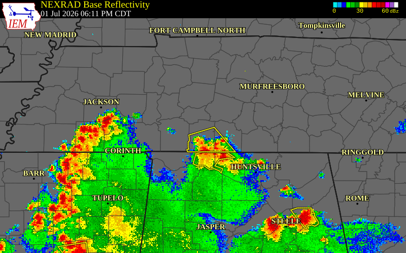 Radar snapshot during the Jul 1, 2026 wind event near Giles County, Giles County, Tennessee, with NWS warning polygons
