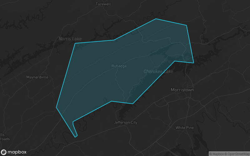 Map of Grainger County, Tennessee showing the county boundary and surrounding cities