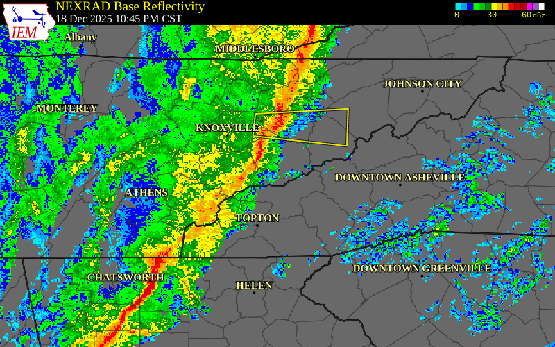 NEXRAD radar during the Thursday, December 18, 2025 storm activity in Grainger County, Tennessee