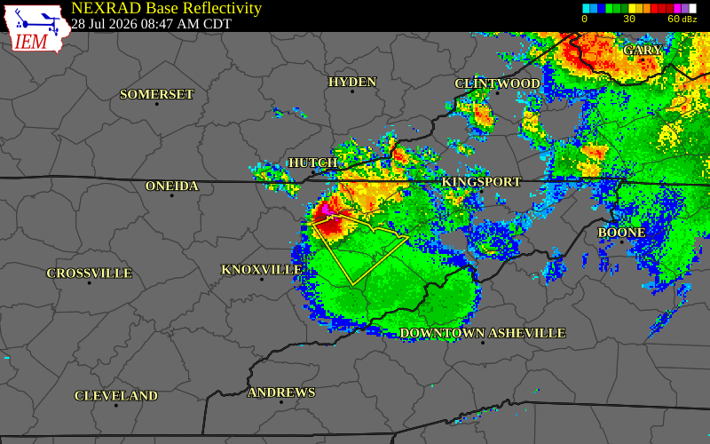 NEXRAD radar during the Tuesday, July 28, 2026 storm activity in Grainger County, Tennessee