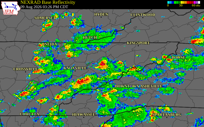 NEXRAD radar during the Sunday, August 9, 2026 storm activity in Grainger County, Tennessee