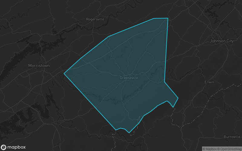Map of Greene County, Tennessee showing the county boundary and surrounding cities