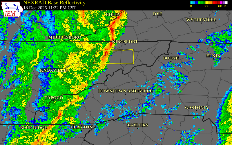 NEXRAD radar during the Thursday, December 18, 2025 storm activity in Greene County, Tennessee