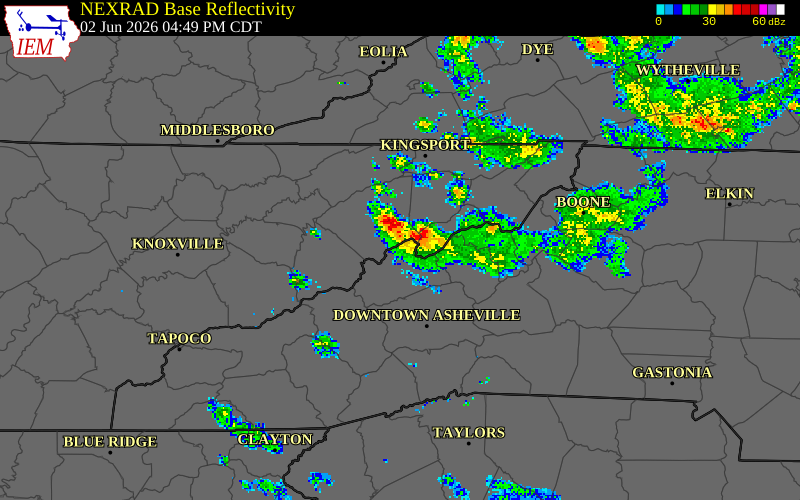 NEXRAD radar during the Tuesday, June 2, 2026 storm activity in Greene County, Tennessee