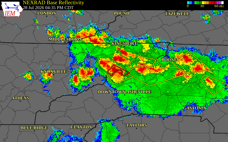 NEXRAD radar during the Tuesday, July 28, 2026 storm activity in Greene County, Tennessee