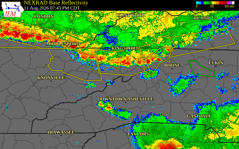 NEXRAD radar during the Tuesday, August 11, 2026 storm activity in Greene County, Tennessee