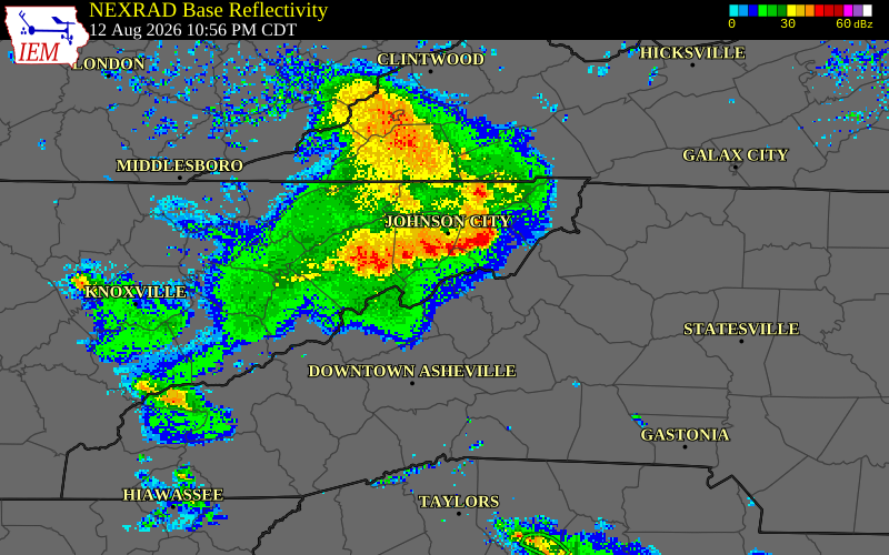 NEXRAD radar during the Wednesday, August 12, 2026 storm activity in Greene County, Tennessee