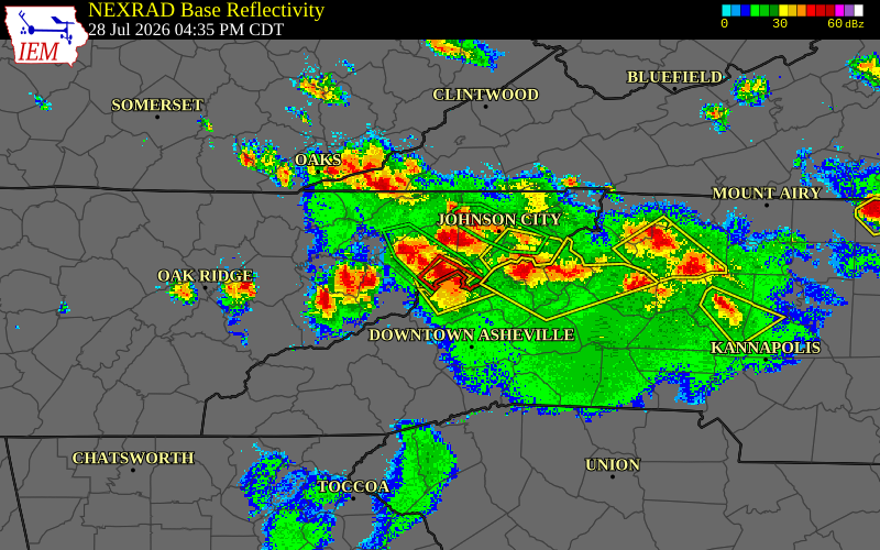 Radar snapshot during the Jul 28, 2026 tornado event near 3 S Camp Creek, Greene County, Tennessee, with NWS warning polygons