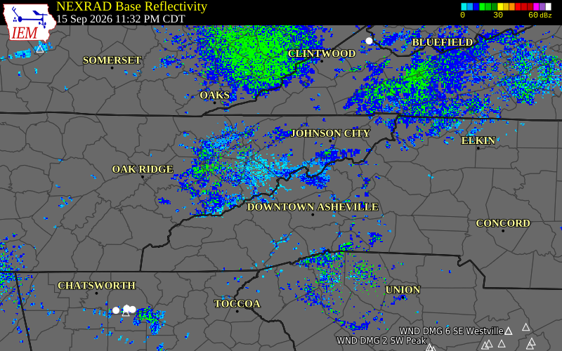 Current NEXRAD radar over Greene County, Tennessee with recent storm report locations