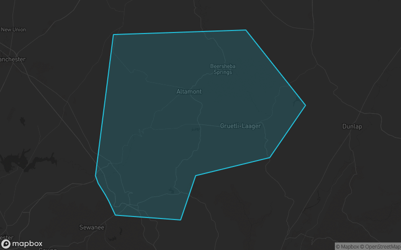 Map of Grundy County, Tennessee showing the county boundary and surrounding cities