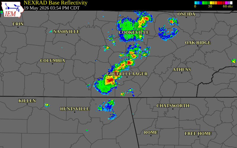 NEXRAD radar during the Tuesday, May 19, 2026 storm activity in Grundy County, Tennessee