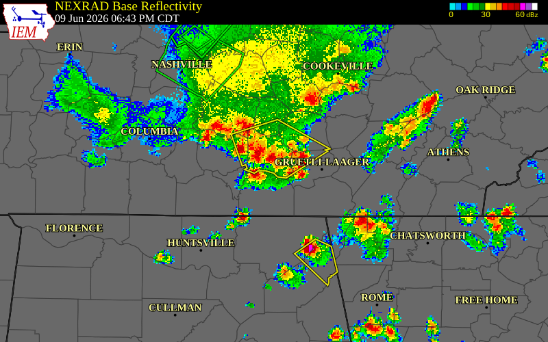 NEXRAD radar during the Tuesday, June 9, 2026 storm activity in Grundy County, Tennessee