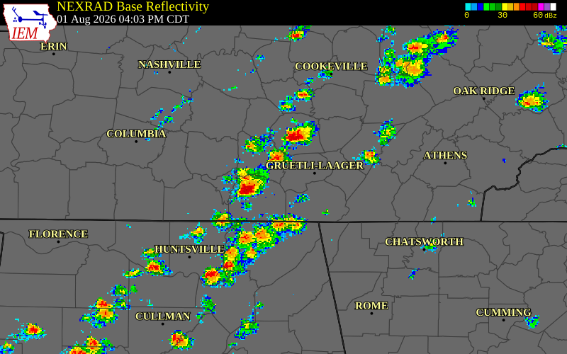 NEXRAD radar during the Saturday, August 1, 2026 storm activity in Grundy County, Tennessee