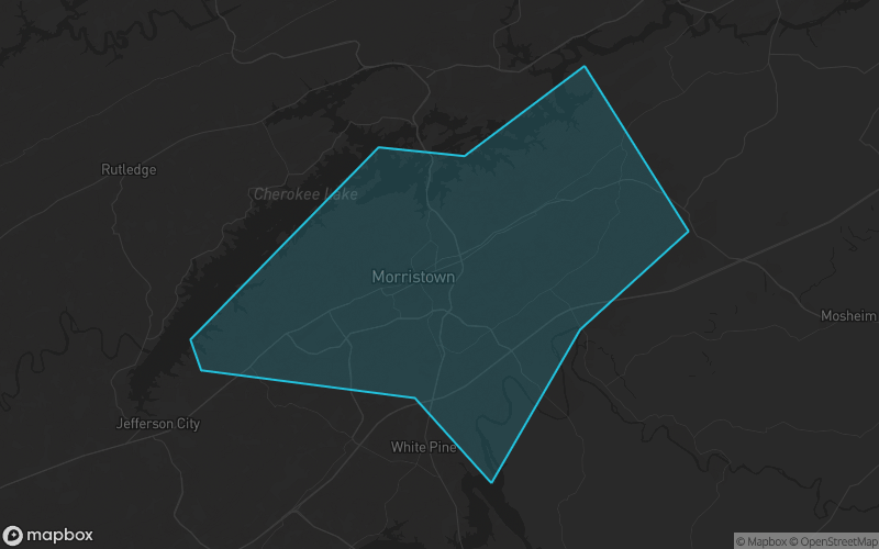 Map of Hamblen County, Tennessee showing the county boundary and surrounding cities