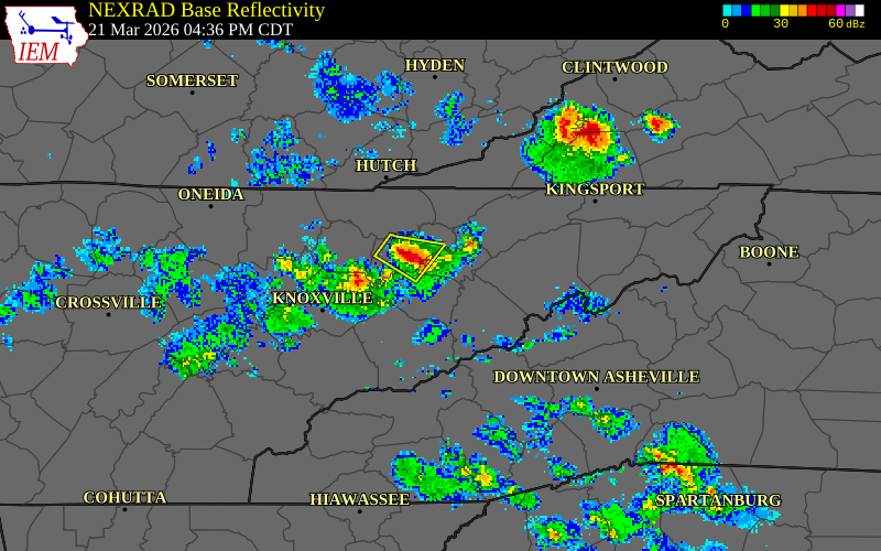 NEXRAD radar during the Saturday, March 21, 2026 storm activity in Hamblen County, Tennessee