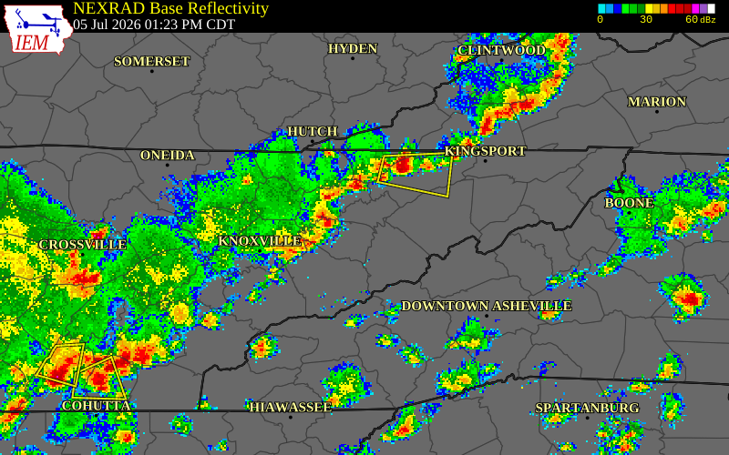 NEXRAD radar during the Sunday, July 5, 2026 storm activity in Hamblen County, Tennessee