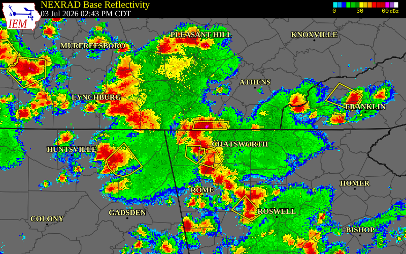 NEXRAD radar during the Friday, July 3, 2026 storm activity in Hamilton County, Tennessee