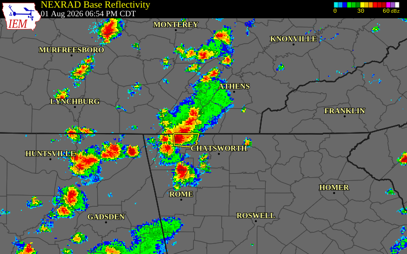 NEXRAD radar during the Saturday, August 1, 2026 storm activity in Hamilton County, Tennessee