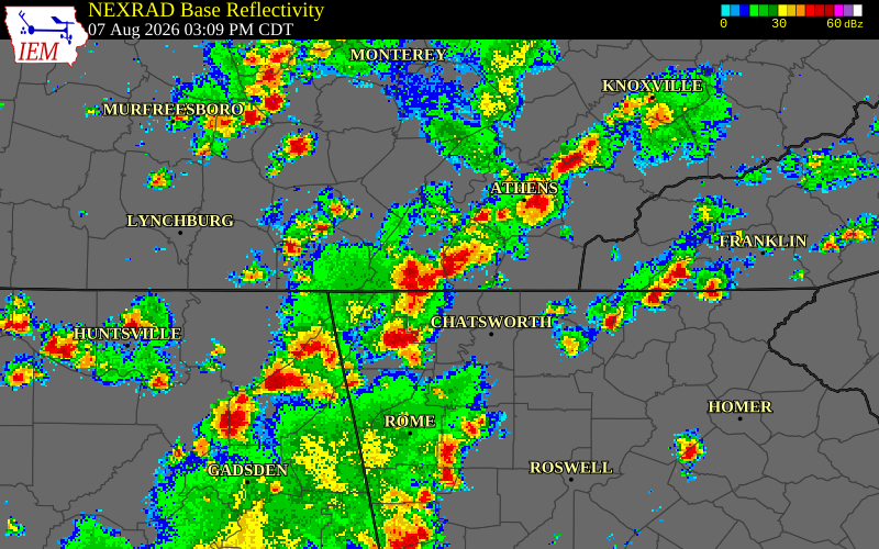 NEXRAD radar during the Friday, August 7, 2026 storm activity in Hamilton County, Tennessee