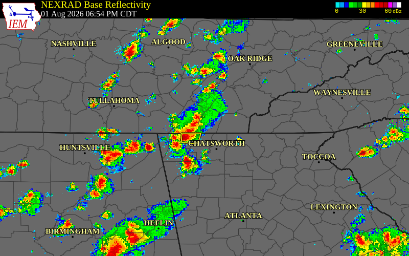 Radar snapshot during the Aug 1, 2026 wind event near Hamilton County, Hamilton County, Tennessee, with NWS warning polygons