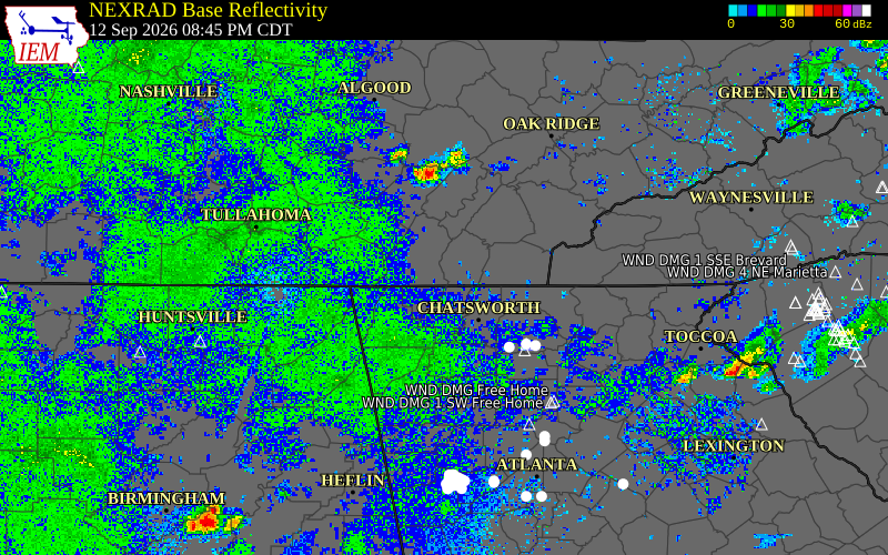 Current NEXRAD radar over Hamilton County, Tennessee with recent storm report locations