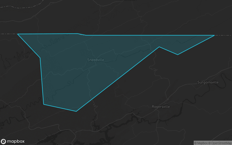 Map of Hancock County, Tennessee showing the county boundary and surrounding cities