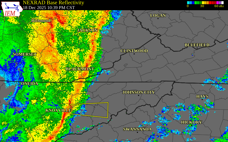 NEXRAD radar during the Thursday, December 18, 2025 storm activity in Hancock County, Tennessee