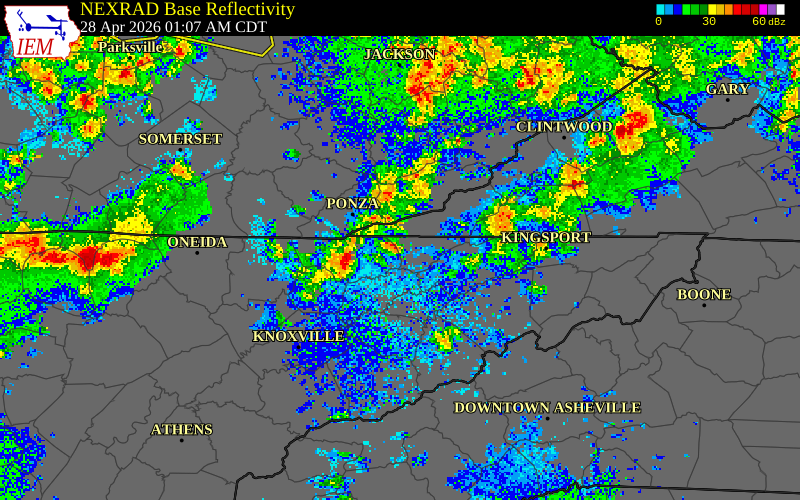 NEXRAD radar during the Tuesday, April 28, 2026 storm activity in Hancock County, Tennessee