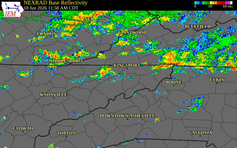 NEXRAD radar during the Thursday, June 18, 2026 storm activity in Hancock County, Tennessee