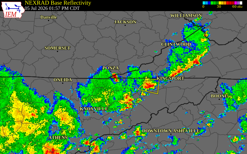NEXRAD radar during the Sunday, July 5, 2026 storm activity in Hancock County, Tennessee