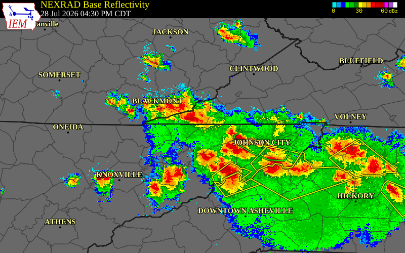 NEXRAD radar during the Tuesday, July 28, 2026 storm activity in Hancock County, Tennessee