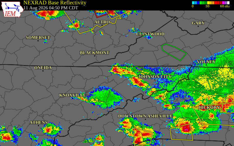 NEXRAD radar during the Tuesday, August 11, 2026 storm activity in Hancock County, Tennessee
