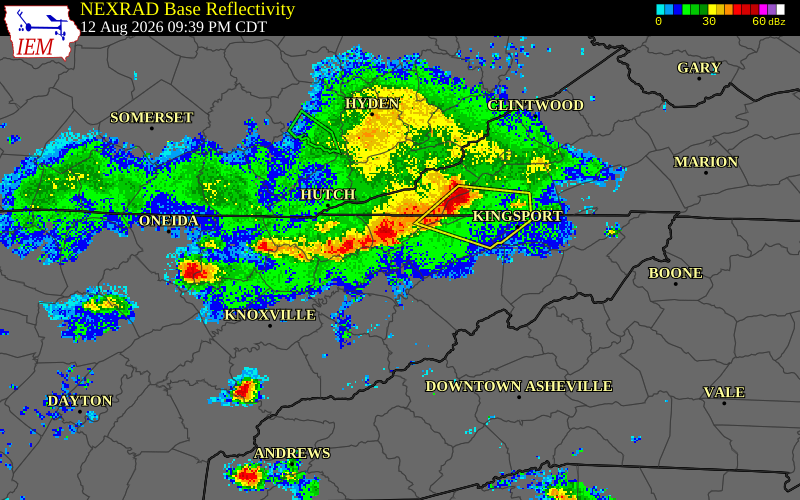 NEXRAD radar during the Wednesday, August 12, 2026 storm activity in Hancock County, Tennessee