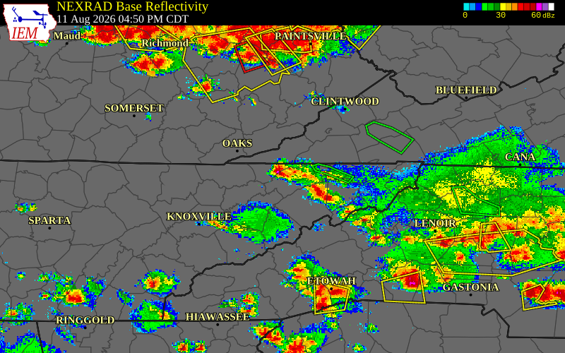 Radar snapshot during the Aug 11, 2026 hail event near Hancock County, Hancock County, Tennessee, with NWS warning polygons