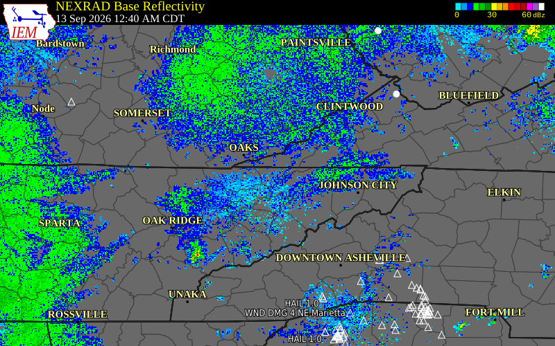 Current NEXRAD radar over Hancock County, Tennessee with recent storm report locations