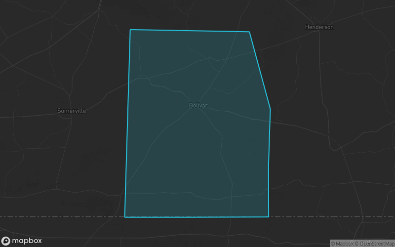 Map of Hardeman County, Tennessee showing the county boundary and surrounding cities