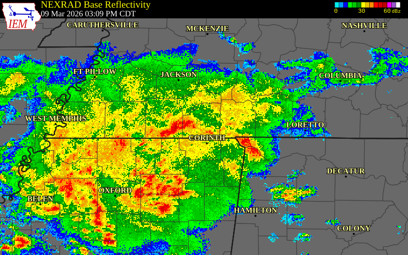 NEXRAD radar during the Monday, March 9, 2026 storm activity in Hardeman County, Tennessee