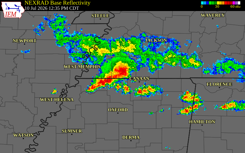 NEXRAD radar during the Friday, July 10, 2026 storm activity in Hardeman County, Tennessee