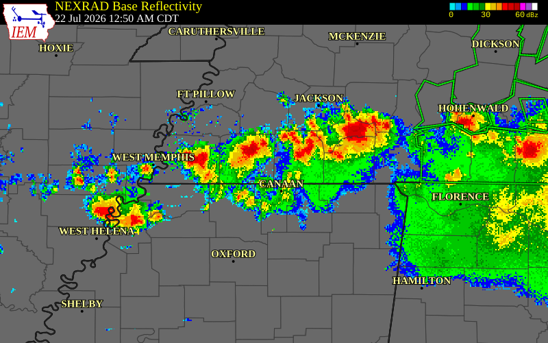 NEXRAD radar during the Wednesday, July 22, 2026 storm activity in Hardeman County, Tennessee