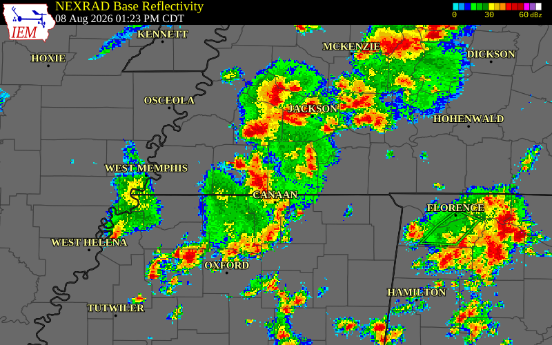 NEXRAD radar during the Saturday, August 8, 2026 storm activity in Hardeman County, Tennessee