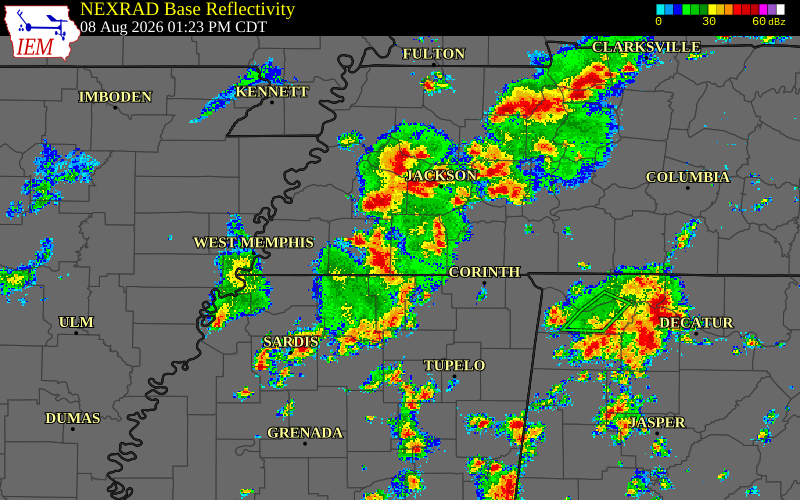 Radar snapshot during the Aug 8, 2026 wind event near Hardeman County, Hardeman County, Tennessee, with NWS warning polygons