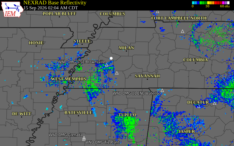 Current NEXRAD radar over Hardeman County, Tennessee with recent storm report locations