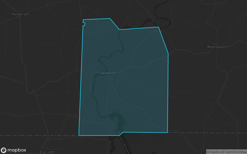 Map of Hardin County, Tennessee showing the county boundary and surrounding cities