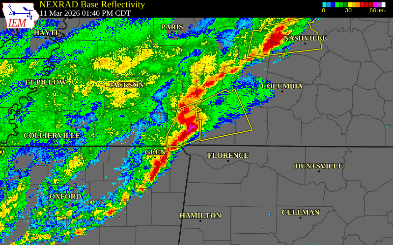 NEXRAD radar during the Wednesday, March 11, 2026 storm activity in Hardin County, Tennessee