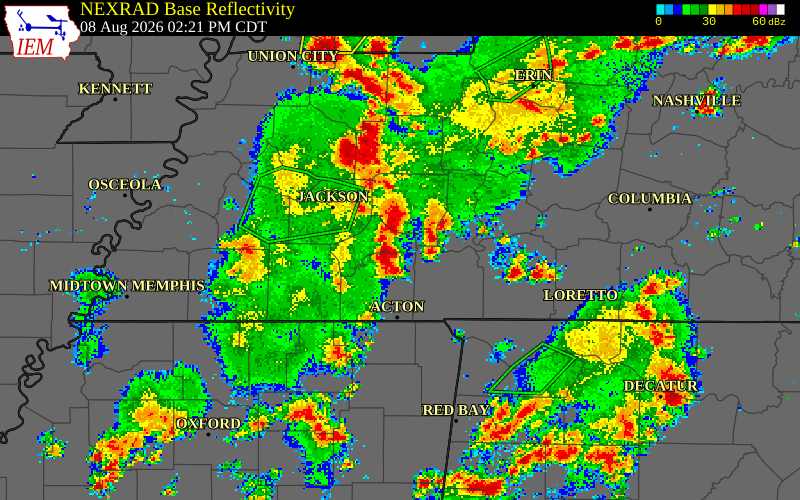 NEXRAD radar during the Saturday, August 8, 2026 storm activity in Hardin County, Tennessee